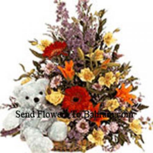 Canasta de flores mixtas con peluche