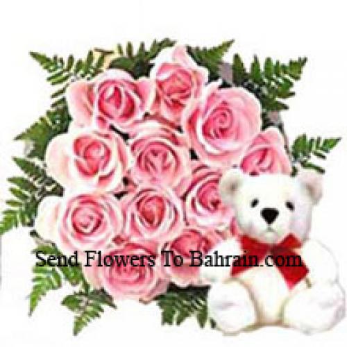 12 Pink Roses with Adorable Teddy