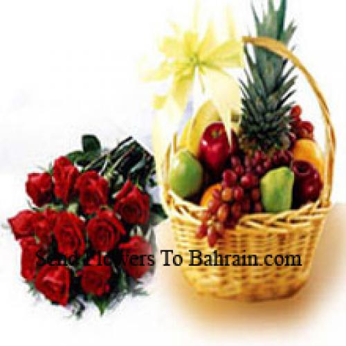 12 Red Roses with Fresh 5 Kg Fruit Basket