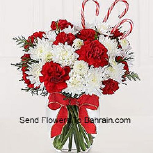 Red Carnations and White Chrysanthemums with Perfect Touch